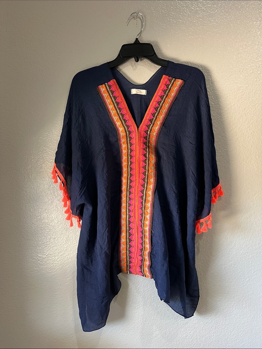 Hummingbird Navy Knit Top with Teal Logo Detail One Size Lightweight Boho TC0631